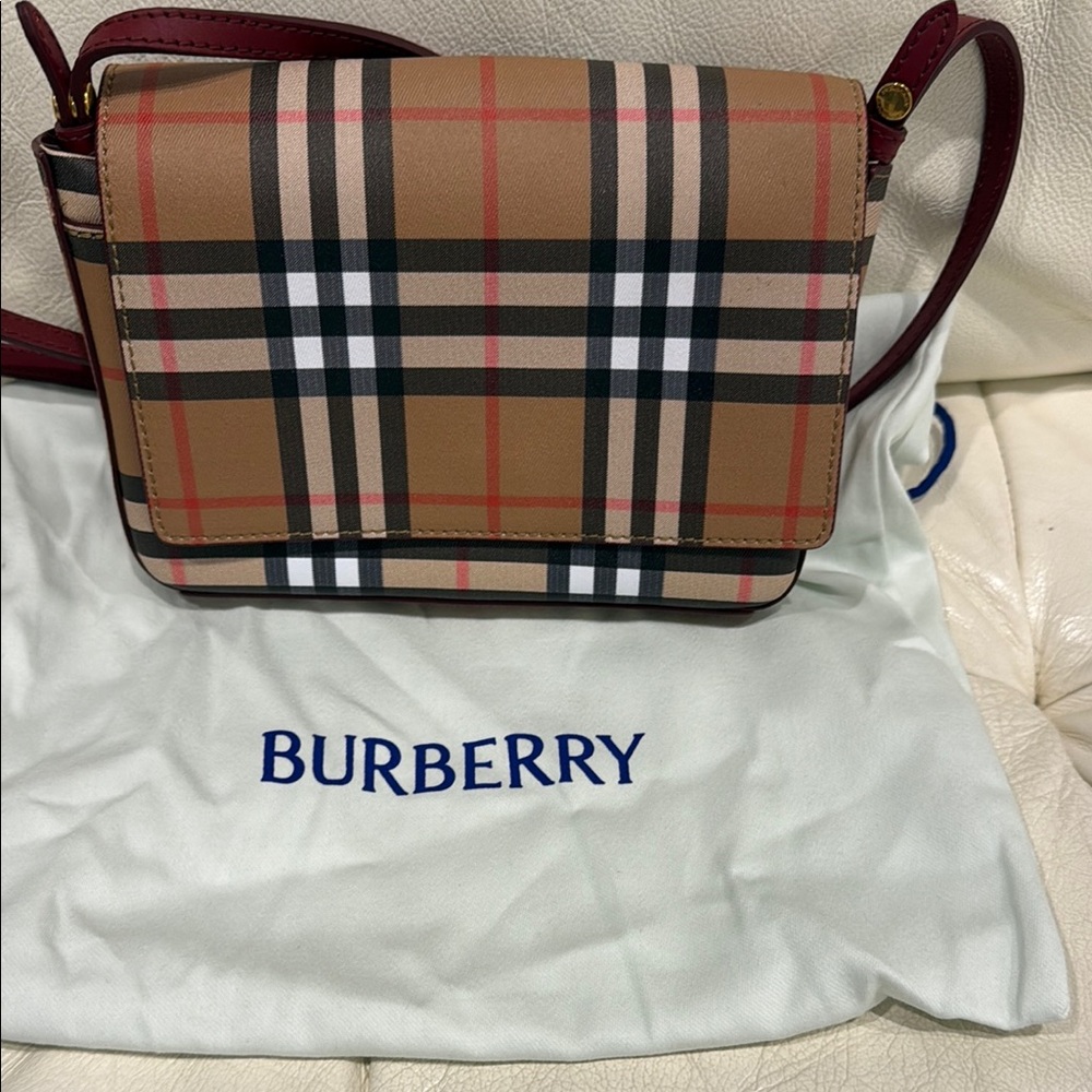 Burberry Plaid Crossbody in Tan and Burgundy
